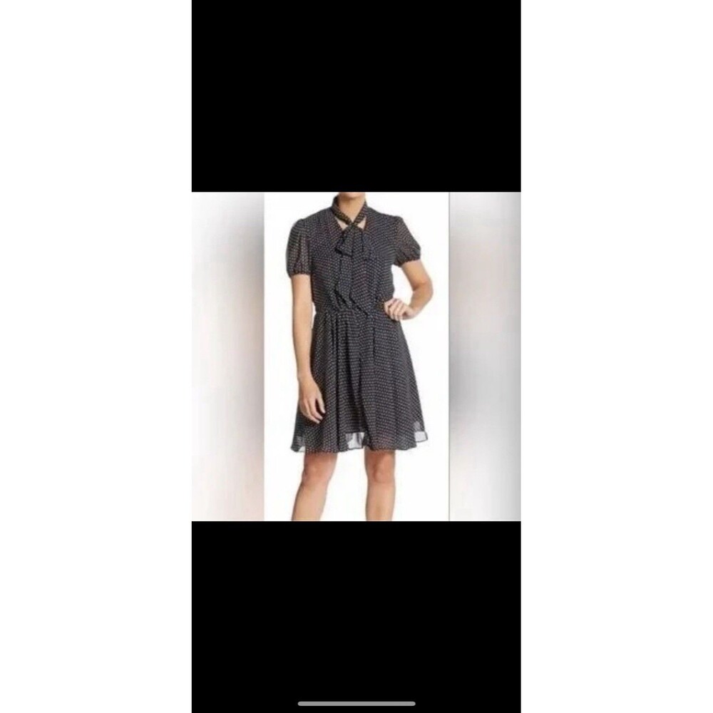 Betsey Johnson Navy Polka Dot Chiffon Puff Sleeve Tie Neck Knee Dress Size 10